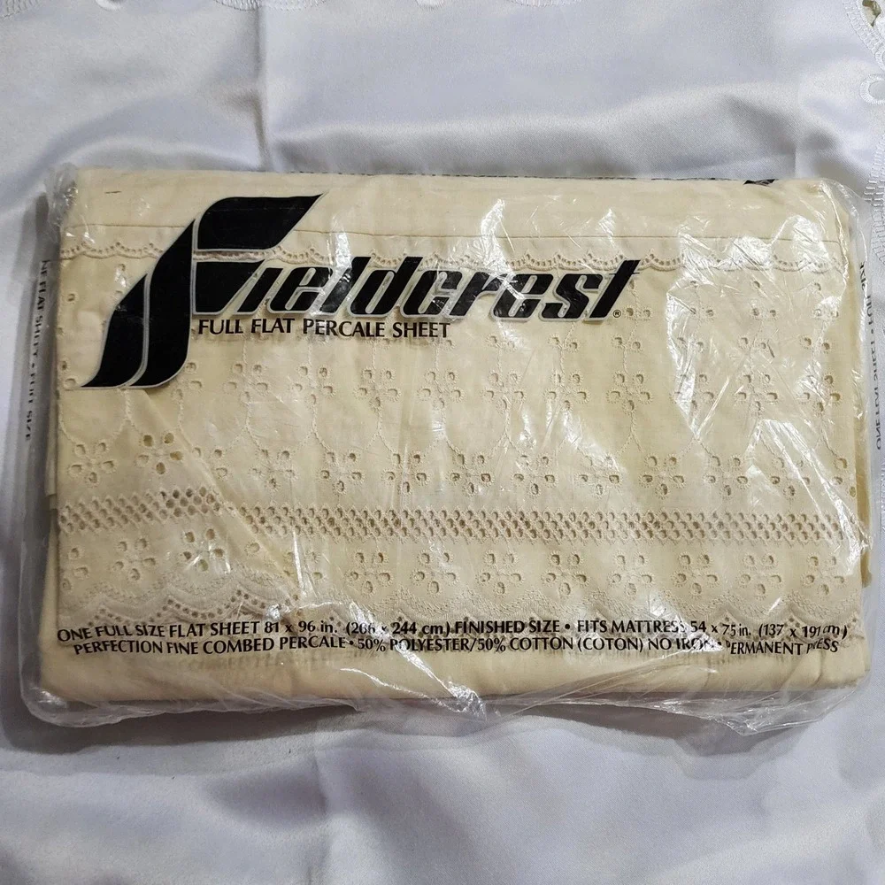 Fieldcrest Trousseau Lace Full Flat Sheet Vintage Eyelet Percale Cream New